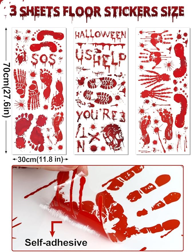Wohohoho 11 Sheets/202 Pcs Bloody Halloween Decorations Set. 2 Giant Spooky Door Cover, 6 Sheets Horror Window Clings, 3 Sheets Scary Floor Stickers, Halloween Party Wall Decal Bedroom Inside Decor