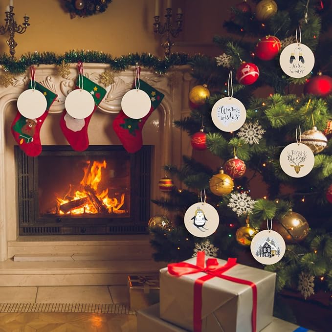 120 Pcs 3 Inch Unfinished Rounds Wooden Circles with Holes Wooden Tags Round Wood Discs Cutouts for Crafts Natural Blank Wood Circle Ornaments Hanging Tags for DIY Crafts, Painting, Christmas Decor