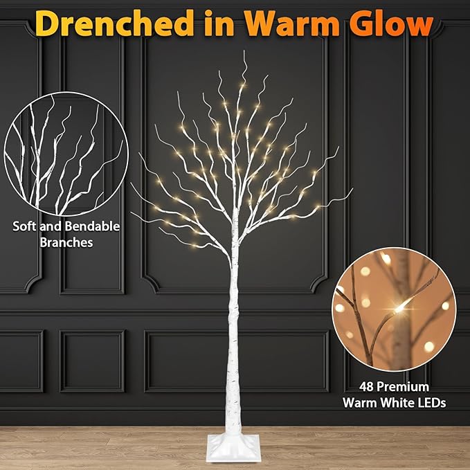 LED Birch Tree Lights, 4ft Trees with Warm White Lights, Outdoor Indoor Christmas Wedding Party Decor