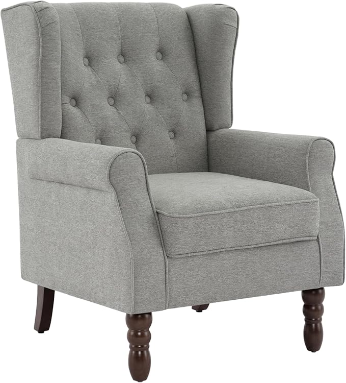 UIXE High Back Accent Chairs Set of 2, Upholstered Armchair in Fabric, Retro Wingback Arm Chair for Living Room, Comfy Single Sofa Bedroom Reading Seat with Solid Wood Legs - Light Gray