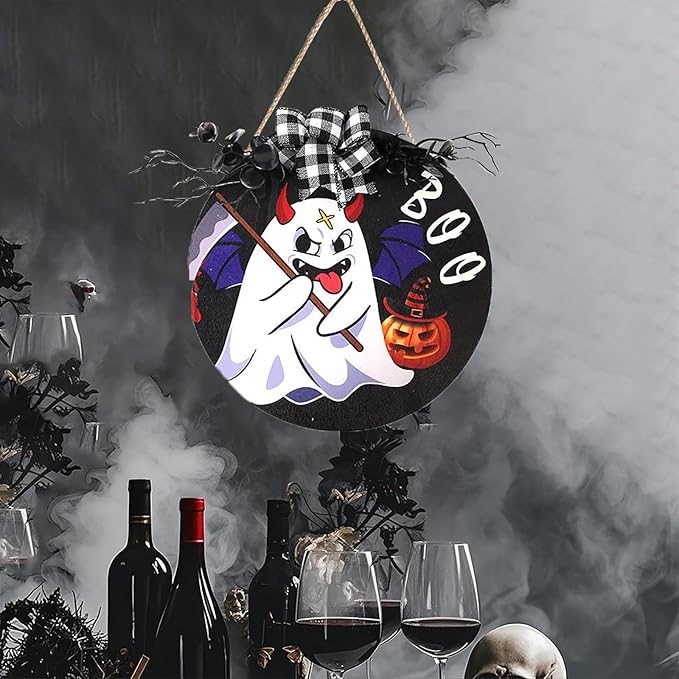Cute Halloween Round Wooden Plaque Funny Ghost Outdoor Hanging Sign Decoration Halloween Wreaths Art for Home Wall Decor Halloween Courtyard Party Outdoor Indoor Supply Gifts