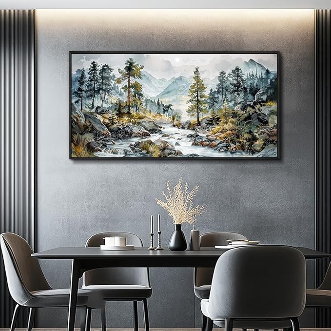 PHAOHUAXM Large Wall Art For Bedroom Wall Decor For Living Room Office Home Decoration Rivulet View Painting Forest Tree Landscape Watercolour Canvas Pictures Ready To Hang Black Framed 20x40 In