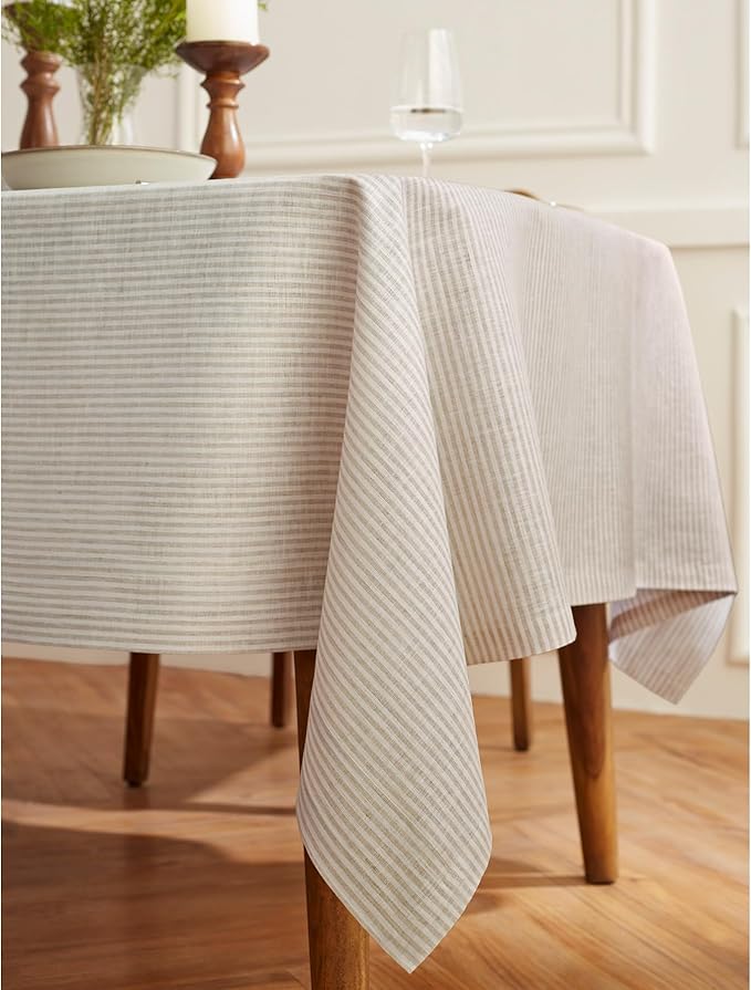 Solino Home Linen Tablecloth 60 x 120 Inch - Narrow Stripe 100% Pure Linen Natural and White Table Cloth for Rectangle Tables - Machine Washable Tablecloth for Fall, Autumn, Thanksgiving