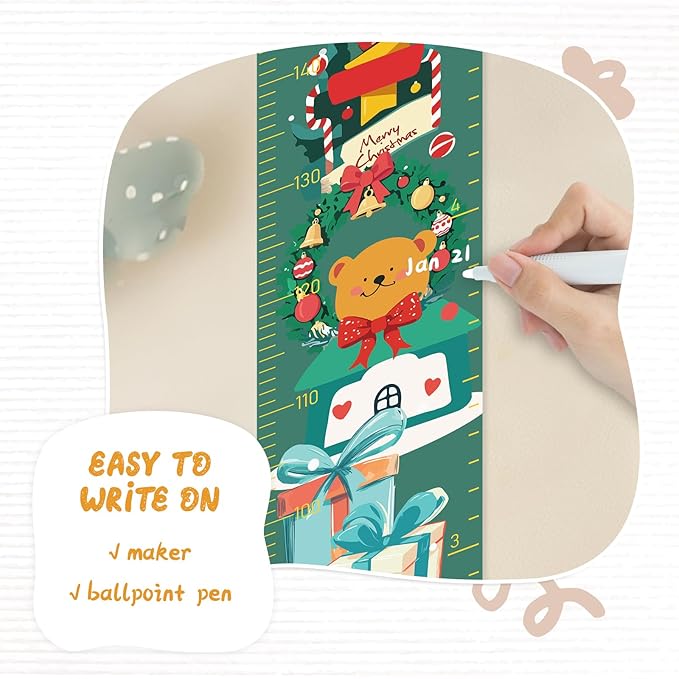 Personalized Name Growth Chart Wall Decor for Kids – Canvas Removable Height Chart Measuring Ruler 59" x 7.9" (Christmas Deer)