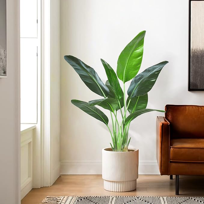 Artificial Bird of Paradise Plant,Faux Palm Tree Potted Plant with Real Touch Leaves,Fake Trees for Home Living Room Office Indoor Outdoor Decor(4FT-1Pack)