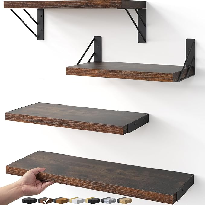 BAYKA Wall Shelves for Bedroom Decor, Floating Wall Shelves for Living Room Kitchen Storage, Wall Mounted Rustic Wood Floating Shelves for Kids Books, Corner Shelf for Bathroom(Rustic Brown,Set of 4)