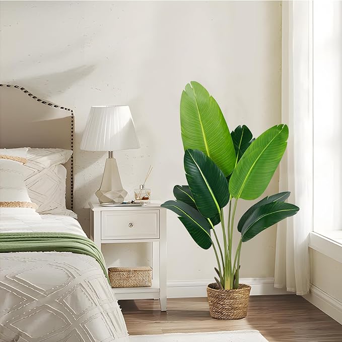 Artificial Bird of Paradise Plant 4Ft Fake Tropical Palm Tree with 8Trunks Faux Banana Leaf Trees in Pot for Home Indoor Outdoor Office Modern Decor Housewarming Gift(1Pcs)