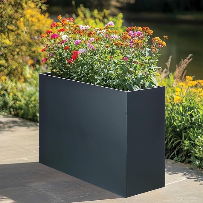 BAYN Metal Rectangular Planter Box Tall Planters for Outdoor Plants Modern Heavy Duty with Drainage Holes for Outside Indoor Patio Deck - Grey, 32”x 12”x 24”