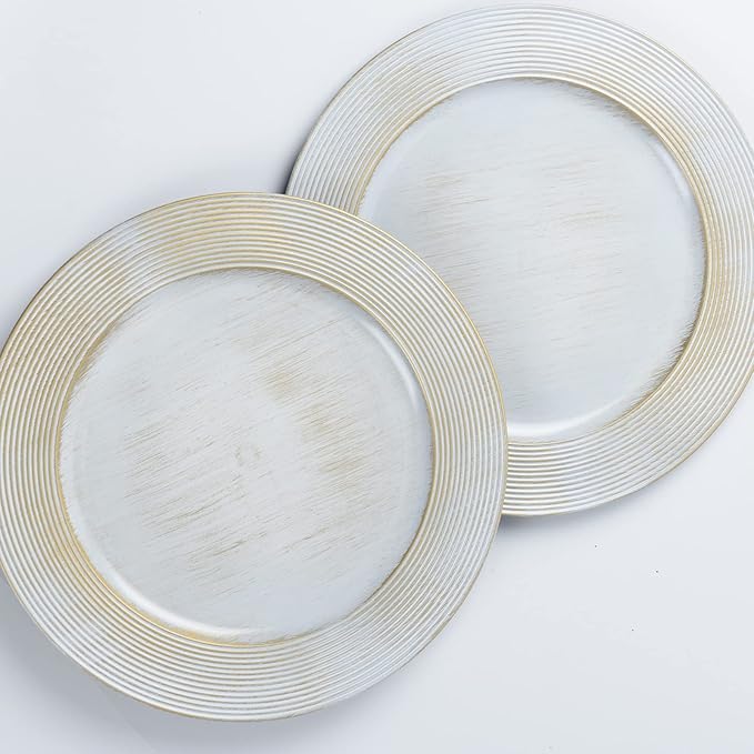 13" Round Charger Plates, 6 pack Ring Pattern Plastic Chargers for Dinner Plates, Vintage Charger Plate Set Bulk Wedding, White