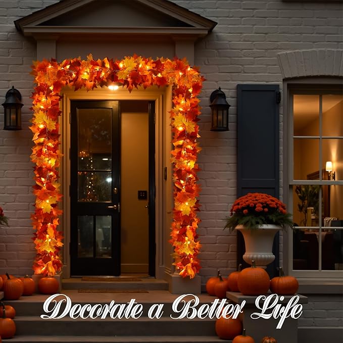 Joyhalo 6 Pack Fall Garland with Lights, Fall Leaves for Mantle, Outdoor Lighted Up Leaf Garland Autumn Decor with 6.5FT LED String Lights, Hanging Maple Leaves for Door, Thanksgiving Decor