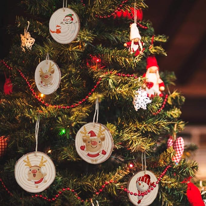 AerWo Natural Wood Slices Christmas Ornaments, 50 Pcs 2.7-3.1 Inches Small Wood Slices with Holes, Round Plain Wooden Circle Ornaments Blanks for DIY Crafts Unfinished Xmas Wooden Ornament