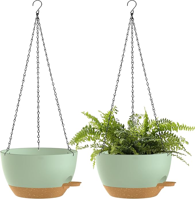 12 Inch Hanging Baskets 2 PC with Chains, Self-Watering Hanging Planters for Indoor Outdoor Plants, Plastic Hanging Flower Pots,Green Brown