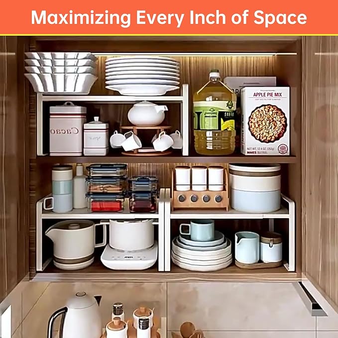 Adjustable Kitchen Shelf Organizer 9", (2 Pack) Heavy-Duty Cabinet Shelves for Countertop, Pantry & Microwave, Expandable Space-Saving Storage Rack with Non-Slip Pads, White