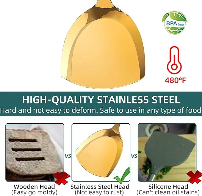 Generic Stainless Steel Kitchen Utensil Set, Spoon, Spatula, Pasta Server, Small Spatula (Black & Gold)