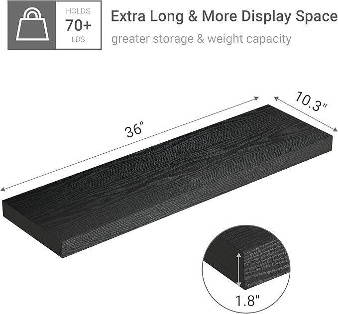 Black Floating Shelves for Wall 10 inch Deep, 36” x 10.3” x 1.8”, Large Wall Shelves for Bedroom, Bathroom, Living Room, Kitchen, Office, Modern Shelf Home Decor with Invisible Bracket