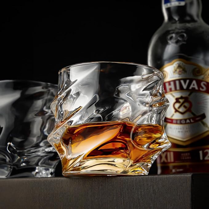 12 oz Hand Blown Crystal Whiskey Glasses Set of 4, Unique Cognac Glass, Heavy Thick Bottom Bar Glass for Scotch Bourbon Rum Gin Water Cocktail,Gifts Men Gifts Ideas