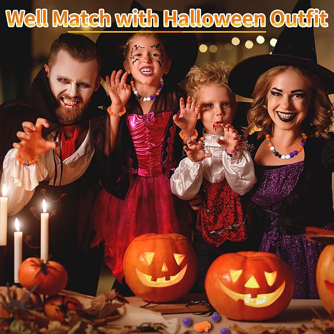 145 PCS Halloween Silicone Beads Kit - Round Loose Beads with Pumpkin Skull, Ghost, Bat & Polygonal Pastel Shapes for DIY Home Decor, Crafts & Jewelry Making