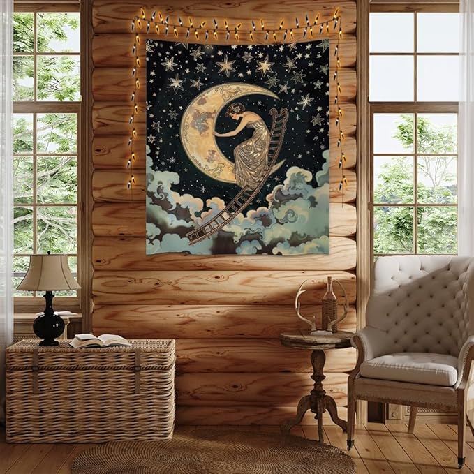 Dark Academia Gothic Aesthetic Tapestry ladder to The Moon and Stars Wall Hanging Print Trendy Vintage Art Nouveau Tapestries Decor for Home Bedroom Living Room 50x60inch