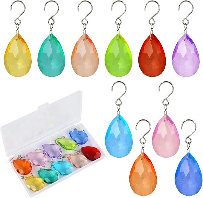 38mm Crystal Suncatcher Prism, 10pcs Multicolor Teardrop Crystals Chandeliers Replacement Pendants for Lamp Windows Hanging Rainbow Maker Ornaments Birthday Wedding Party Home Decor Gifts