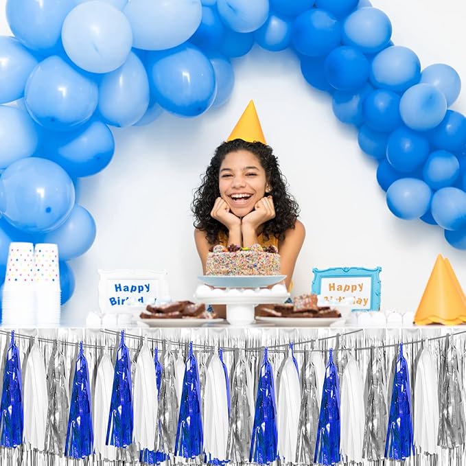 4P Navy-Blue White-Silver Foil Fringe Metallic Tassel Garland Banner, Tassels Banner Streamers for Parade Floats, Bachelorette, Wedding, Birthday, Halloween, Bridal/Baby Shower Party Decorations