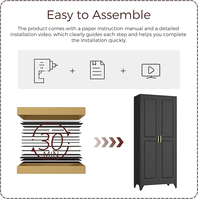 75" Kitchen Pantry Cabinet, Black Metal Storage Cabinets with 2 Doors and 4 Adjustable Shelves, Tall Pantry Storage Cabinet for Kitchen, Dining Room, Living Room