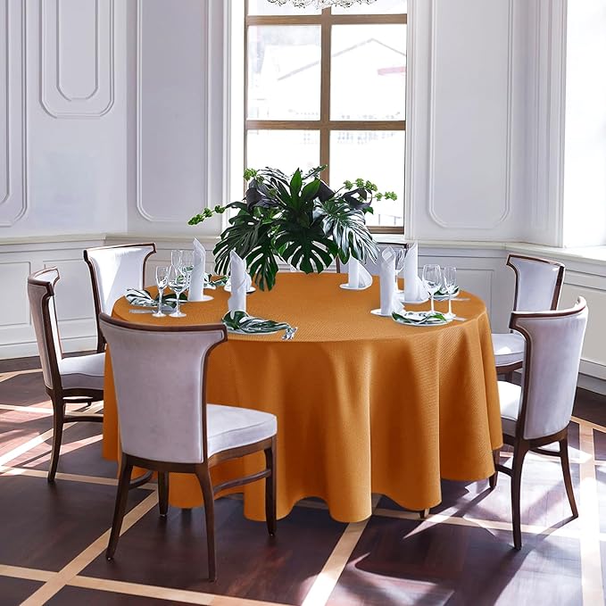 Biscaynebay Fall Tablecloth Textured Fabric Round Tablecloths 90", Bronze Thanksgiving Autumn Harvest Water Resistant Fabric Tablecloths for Kitchen, Dining, Wedding, Parties Machine Washable