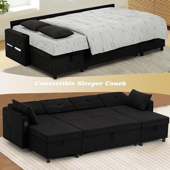 110 Inches Chenille Sectional Sofa w/Pull Out Sofa Bed & Adjustable Back, Tufted U Shaped Couch w/Two Storage Chaises, Sleeper Sectional Sofa w/USB Port & Cup Holders for Living Room, Black