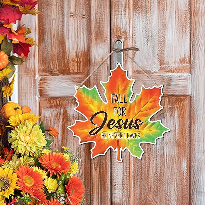 Maple Leaf Fall Decor, Fall for Jesus He Never Leaves Decor Sign Farmhouse Autumn Wreaths for Front Door Christian Jesus Hanger Sign Home Wall Autumn Halloween Thanksgiving Decoration