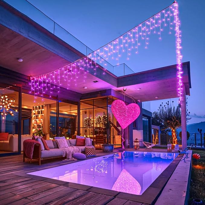 Pink Christmas Lights Outdoor, 33ft 400 LED Icicle Lights for Outside Clear Wire Connectable Twinkle Light with 8 Modes Timer Plug in Waterproof for Window Party Wedding Holiday Patio Tree Decorations