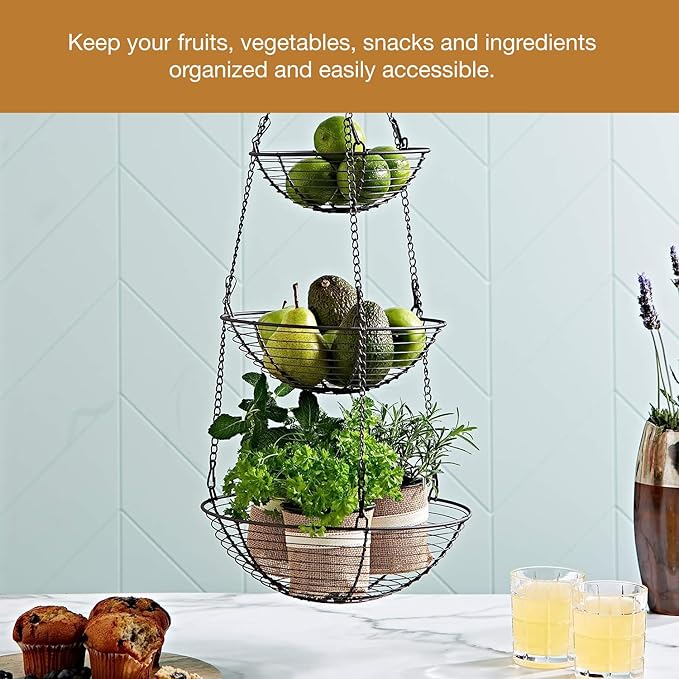 REGAL TRUNK & CO. 3 Tier Hanging Fruit Basket, Farmhouse Wire Basket, Three Tier Fruit Basket for Kitchen for Vegetables, Bread & More, Metal Chain, Hanging Hook and Detachable Round Wire Baskets