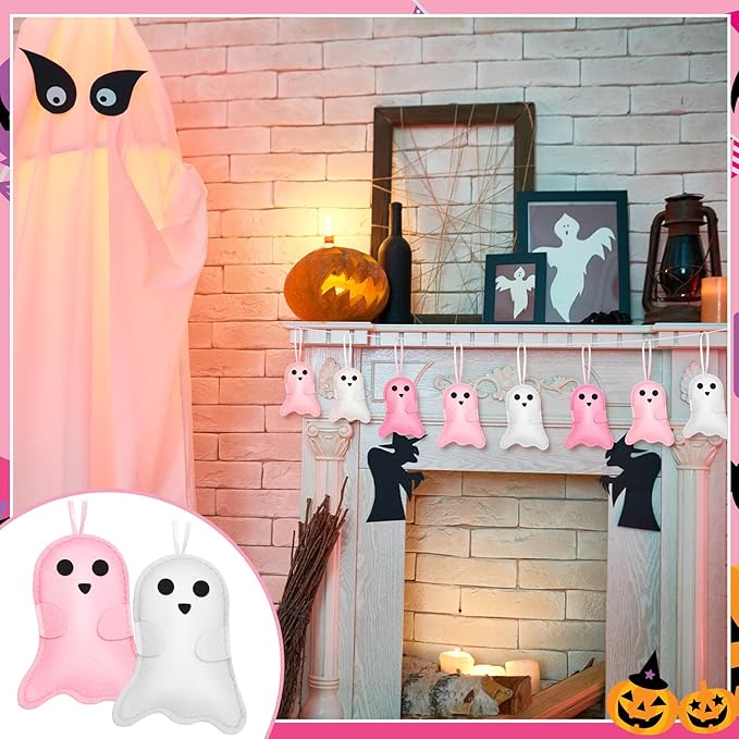 12 Pcs Pink Halloween Felt Ornaments Cute Ghost 3D Hanging Ornaments 3.15 Inch Pink White Halloween Tree Decorations for Small Tree Party Decor