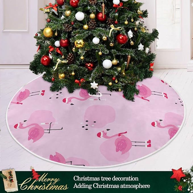Christmas Flamingo Champagne Tree Skirt, Seasonal Tree Mat Holiday Party Supplies Ornaments Indoor Outdoor Decorations for Tabletop Trees 47.2 Inches