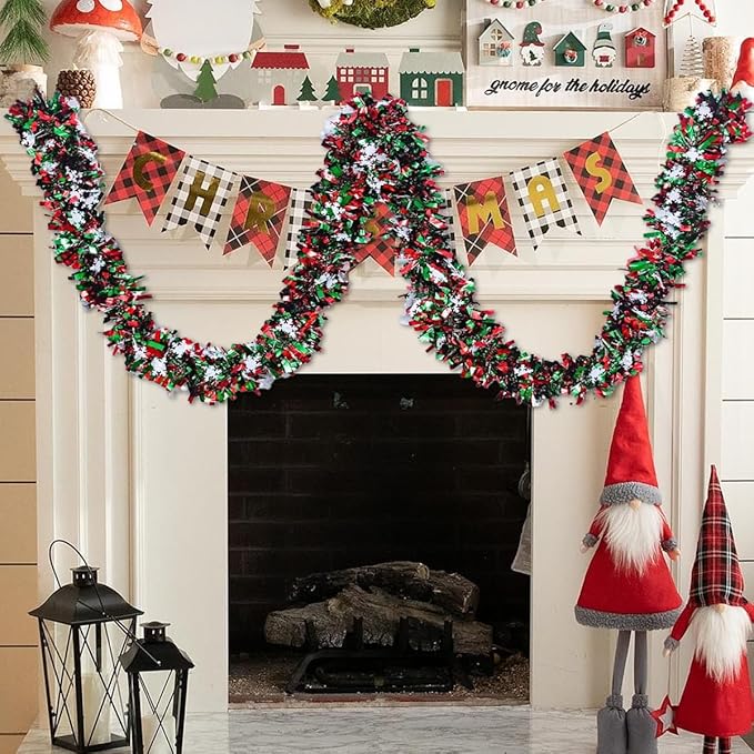 50 Feet Green Red Christmas Metallic Tinsel Twist Hanging Garland with Snowflake for Home Mantle Xmas Tree Staircase Railing New Year Holiday Party Indoor Outdoor Decorations(2 Pcs)