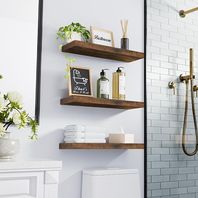 BAYKA Bathroom Floating Shelves for Wall โ Bathroom Shelf Over Toilet Farmhouse Rustic Wood for Bedroom, Kitchen, or Living Room Decor โ Rustic Brown, Set of 3, Sturdy Storage with 22lb Capacity