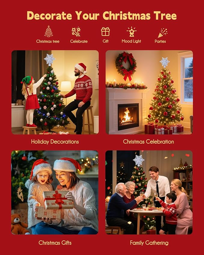 Christmas Tree Topper Lighted with Built-in Led Rotating Snowflake Projector Lights, 9.6” Hollowed Tree Topper with Silver Spangles Plug In for Indoor Home Xmas New Year Party Holiday Night Tree Decor