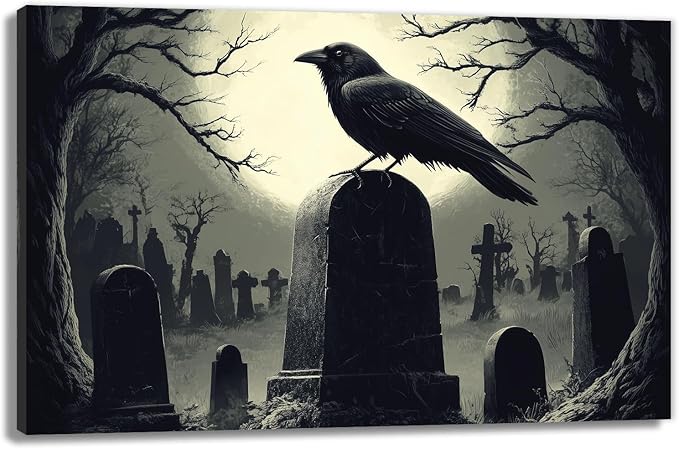 Crow Canvas Wall Art Gothic Black Bird On Branch Painting Print Spooky Forest Full Moon Scenery Poster Artwork Framed Halloween Home Decor(Artwork-3,28"x42")