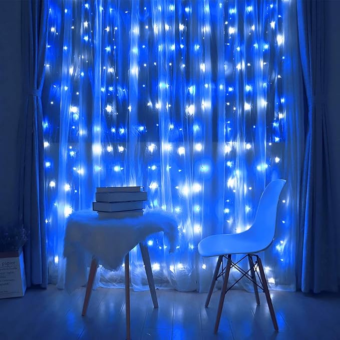 HEYFUNi Fiee Curtain Lights,304L 9.8ftX9.8ft 30V 8Modes Safety Window Lights for Home Wedding Christmas Party Patio Lawn Garden Bedroom Outdoor Indoor Wall Decorations (304LED, Blue+White)