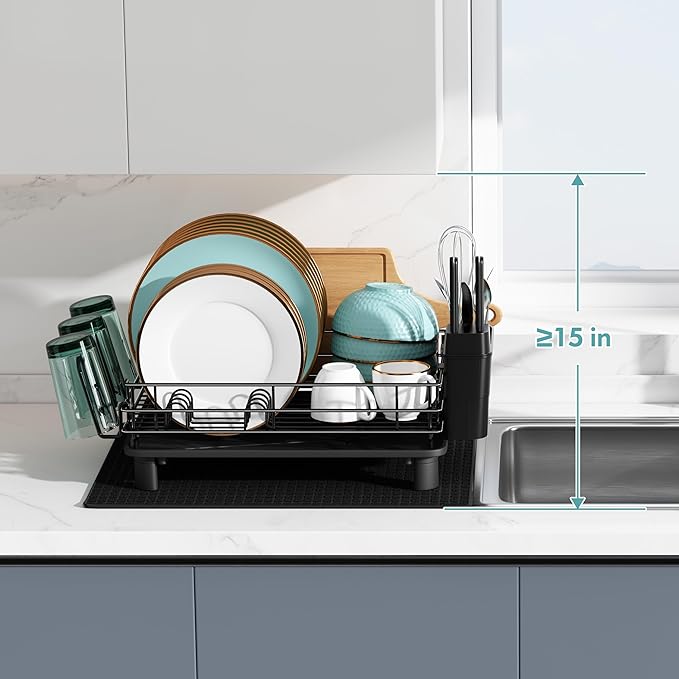 Black Stainless Steel Dish Drainers Drying Rack for Kitchen Counter with Drainboard Set, Rust Proof Metal, Space Saving, Modern Aesthetic, Compact Plates Strainers with Extra Mat