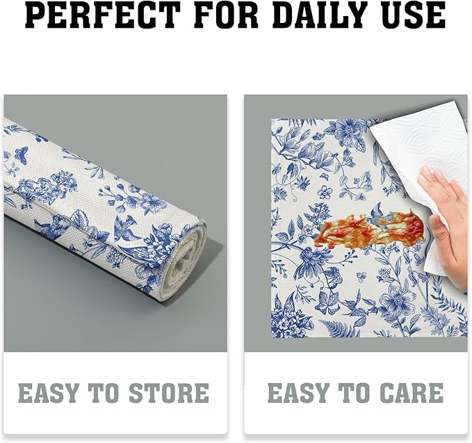 Blue White Floral Placemats Set of 4 Spring Summer Hydrangea Flowers Branches Washable Non-Slip Heat Resistant Place Mats 12x18 Inch Chinoiserie Linen Table Mats for Home Kitchen Dining Party Decor