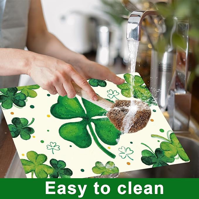 St. Patrick's Day Placemats Set of 6 Reusable Lucky Shamrock Plastic Table Mats Easy Clean Clover Place Mats Wipeable Spring Irish Table Decoration for Indoor Outdoor Party Kitchen Dining
