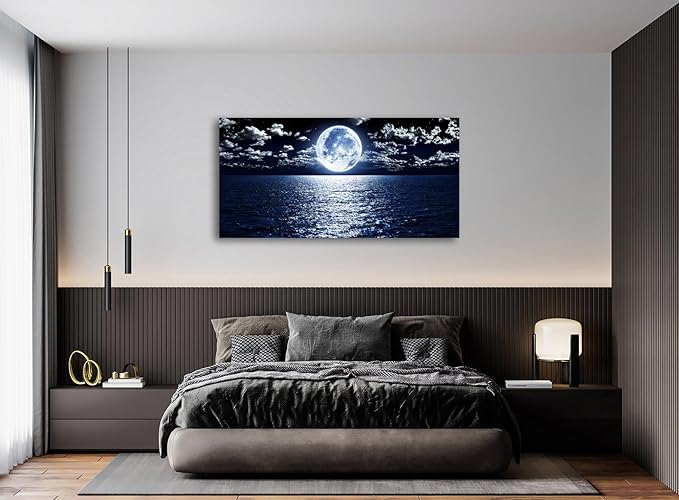 Cao Gen Decor Art S06950 Wall Art Canvas Prints Moon Sea Ocean Landscape 1 Panels Full Moon in Cloud Pictures Paintings Stretched and Framed for Living Room Bedroom Kicthen Office Artwork 20x40inch