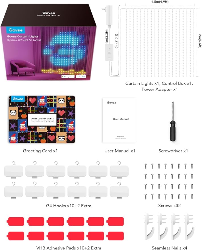 Govee Curtain Lights, Smart LED Color Changing Wall Lights, Dynamic DIY Curtain String Lights for Bedroom Living Room Holiday Decor, Outdoor IP65 Waterproof,4.9x6.6ft, 520 RGBIC LED