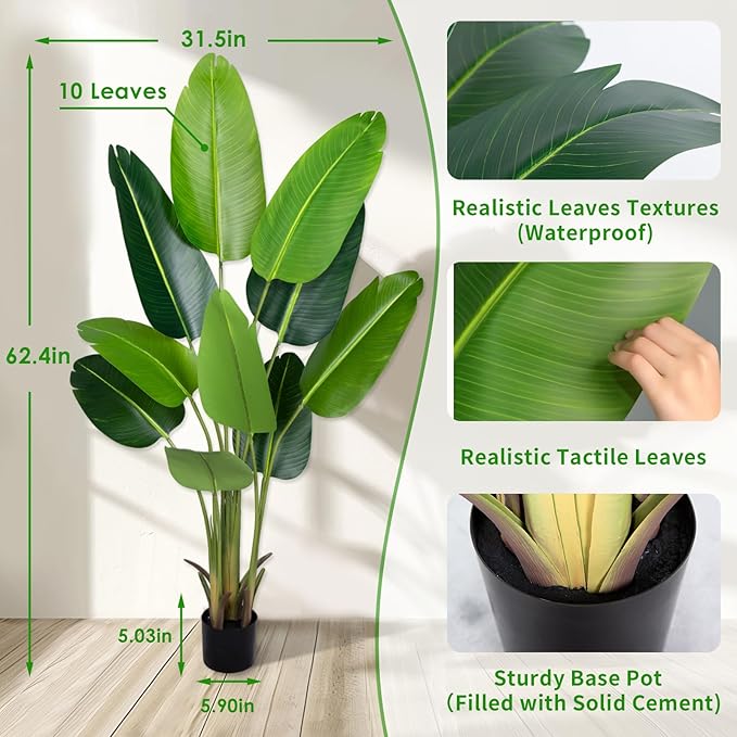 Artificial Bird of Paradise Plant 5.2Ft Fake Tropical Palm Tree with 10Trunks Faux Banana Leaf Trees in Pot for Home Indoor Outdoor Office Modern Decor Housewarming Gift(1Pcs)