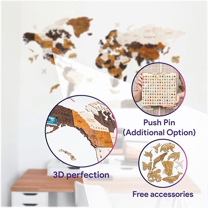 HYPERI Multilayered 3D Wooden World Map Wall Decor, Wood Art Wall Decor, Mapa Mundi Para Pared, World Maps and Push Pins, Christmas, Valentine's Day Gifts For Dad, Mom, Boss, Husband, Wife (Large)