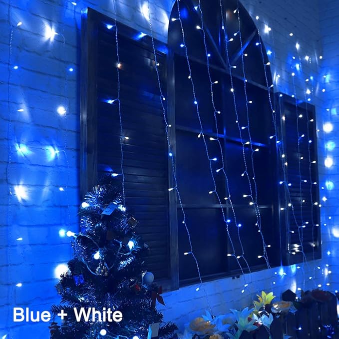 HEYFUNi Fiee Curtain Lights,304L 9.8ftX9.8ft 30V 8Modes Safety Window Lights for Home Wedding Christmas Party Patio Lawn Garden Bedroom Outdoor Indoor Wall Decorations (304LED, Blue+White)