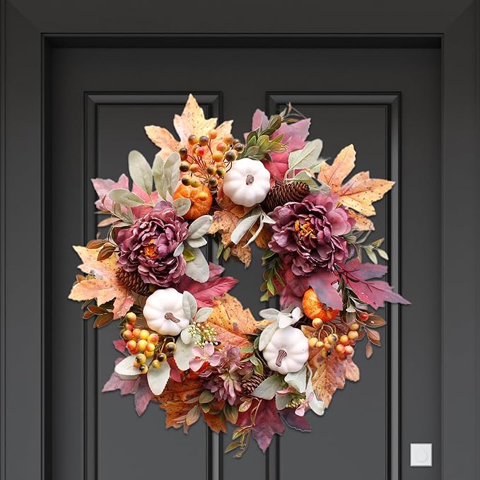 20Inch Fall Wreaths for Front Door,Fall Wreath,Fall Decorations for Home,Autumn Wreaths with White Pumpkins Peony Pine Cones, Fall Door Wreath for Thanksgiving Halloween Indoor Outdoor Decor
