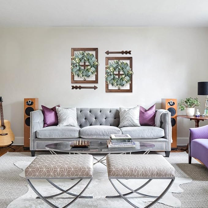 Rustic Wood Window Frame with Green Wreath and Arrows Wall Decor,Farmhouse Window Frame Hanging Decor,Wooden Fake Decoration,Window Pane Wall Decor,Set of 2 (Brown)