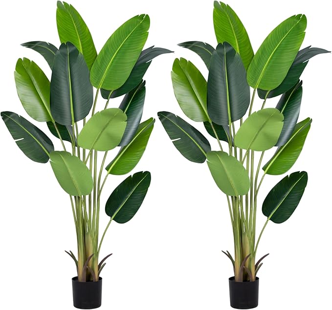 Artificial Bird of Paradise Plant 6Ft Fake Tropical Palm Tree with 13Trunks Faux Banana Leaf Trees in Pot for Home Indoor Outdoor Office Modern Decor Housewarming Gift(2Pcs)