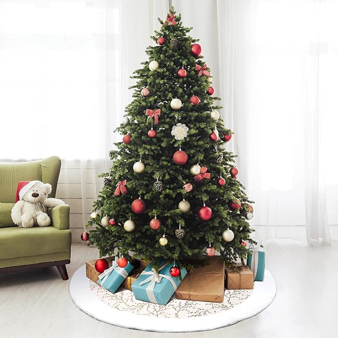 Christmas Tree Skirt, Gold White 36 Inch Faux Fur Plush Christmas Decorations Tree Base Mat Thick Velvet Rugs for Holiday Home Decor Party Xmas