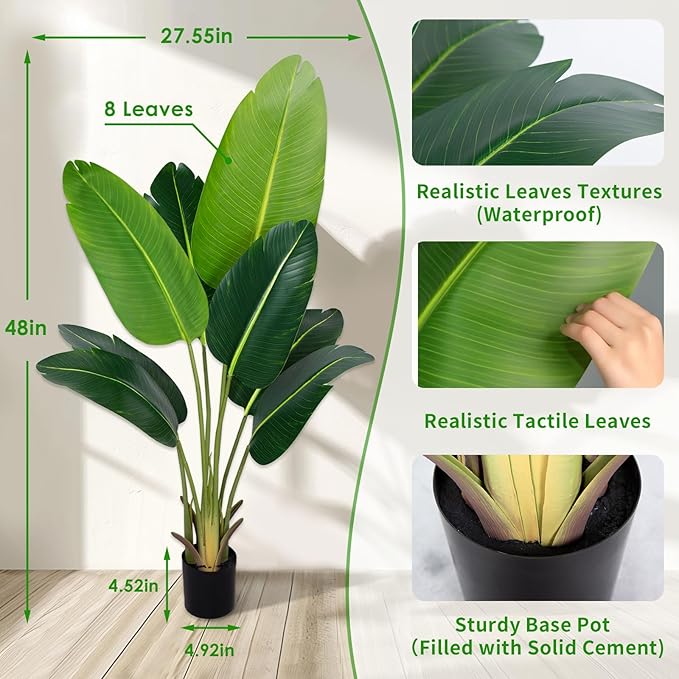 Artificial Bird of Paradise Plant 4Ft Fake Tropical Palm Tree with 8Trunks Faux Banana Leaf Trees in Pot for Home Indoor Outdoor Office Modern Decor Housewarming Gift(2Pcs)